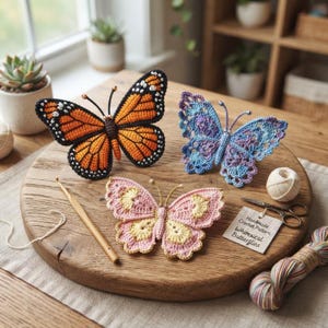 May include: Three crocheted butterflies in orange, blue-purple, and pink-yellow colourways. A wooden crochet hook, a ball of white yarn, a skein of multicoloured yarn, and a tag reading Handmade Crochet Pattern Whimsical Butterflies are present.