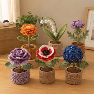 Paquete de patrones de flores en maceta de ganchillo, plantas amigurumi en PDF, rosa, girasol, lirio (descarga digital)