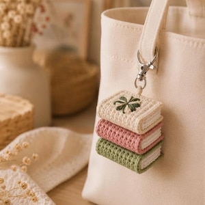 May include: A cream-colored canvas tote bag featuring a hanging crochet charm. The charm consists of three miniature stacked books in cream, dusty pink, and sage green, attached to the bag handle with a silver-toned metal lobster clasp.