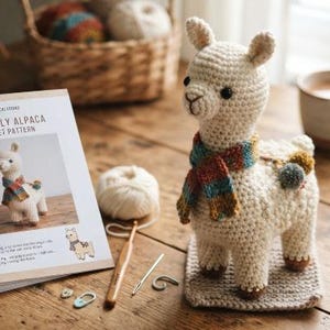 Könnte beinhalten: Ein cremefarbenes, gehäkeltes Alpaka-Spielzeug mit einem mehrfarbig gestreiften Schal und kleinen Bommeln auf dem Rücken, begleitet von einer gedruckten Anleitung mit dem Titel The Wooly Alpaca Crochet Pattern, einer Holzhäkelnadel und Nadeln.