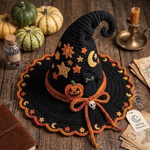 May include: A black crocheted witch hat featuring a curled tip, decorated with orange and yellow stars, a crescent moon, a jack-o'-lantern, and a black cat. The hat has an orange band with a bow, a small skull charm, and a scalloped edge with moon motifs.