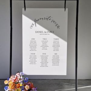 May include: A black metal frame holds a white sign with the text "Our favourite people" and the names of wedding guests listed under the headings "One", "Two", "Three", "Four", "Five", and "Six". The sign is hanging from the frame with a black ribbon. A bouquet of colourful flowers sits in front of the frame.