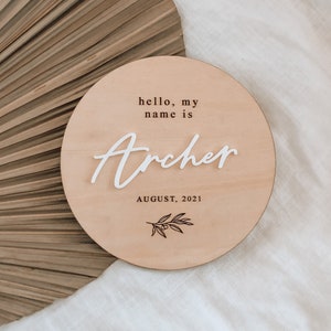 Baby Announcement, Hello World Wooden Sign, Baby Announcement Plaque, Newborn Photo Prop, Nursery Decor, Hello World Disc image 1