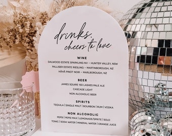 Bar Menu, Drinks Menu, Bar Sign, Acrylic Drink Menu, Arch Menu, Acrylic Signage, Wedding Table Sign, Wedding Bar Sign, Cocktail Sign