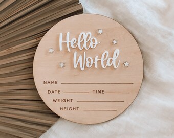 thumbnail image 2 of Hello World Wooden Birth Announcement Sign With Ink Pad - Round Name & Footprint Keepsake 2 of 12