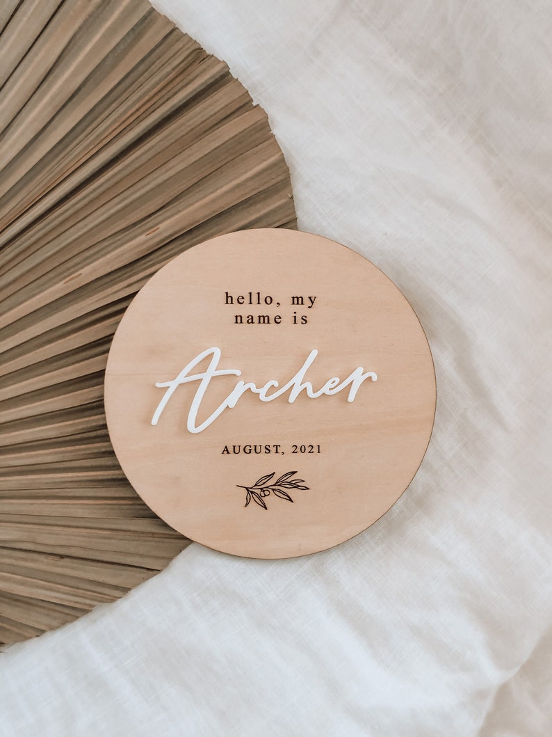 Baby Announcement, Hello World Wooden Sign, Baby Announcement Plaque, Newborn Photo Prop, Nursery Decor, Hello World Disc image 1