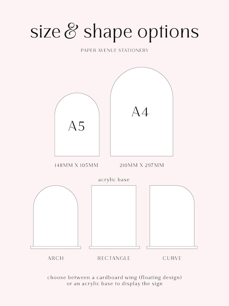May include: A size and shape options chart for Paper Avenue Stationery. It displays A5 and A4 arch signs with dimensions 148mm x 105mm and 210mm x 297mm. Below, it shows arch, rectangle, and curve shapes with an acrylic base, plus text options.