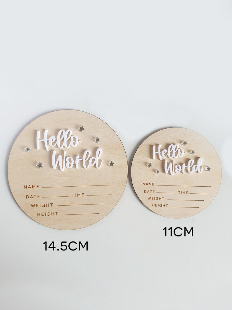 Hello World Sign, Baby Announcement, Hello World Wooden Sign, Baby Announcement Plaque, Newborn Photo Prop, Nursery Decor, Hello World Disc afbeelding 3