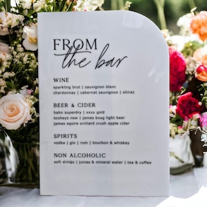 Bar Menu, Drinks Menu, Bar Sign, Acrylic Drink Menu, Arch Menu, Acrylic Signage, Wedding Table Sign, Wedding Bar Sign, Cocktail Sign