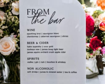 Bar Menu, Drinks Menu, Bar Sign, Acrylic Drink Menu, Arch Menu, Acrylic Signage, Wedding Table Sign, Wedding Bar Sign, Cocktail Sign