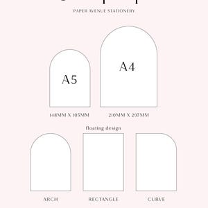 May include: A size and shape options chart for Paper Avenue Stationery featuring A5 and A4 arch signs with dimensions 148mm x 105mm and 210mm x 297mm. The chart displays arch, rectangle, and curve shapes, noting a choice between a cardboard wing or acrylic base.