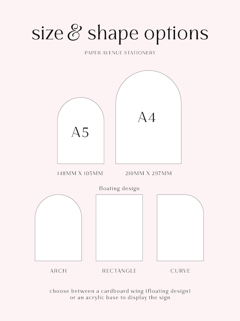 May include: A size and shape options chart for Paper Avenue Stationery featuring A5 and A4 arch signs with dimensions 148mm x 105mm and 210mm x 297mm. The chart displays arch, rectangle, and curve shapes, noting a choice between a cardboard wing or acrylic base.