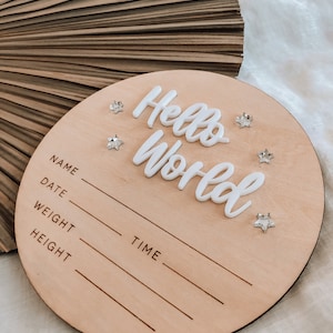 Hello World Sign, Baby Announcement, Hello World Wooden Sign, Baby Announcement Plaque, Newborn Photo Prop, Nursery Decor, Hello World Disc afbeelding 2