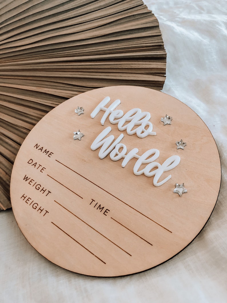 Hello World Sign, Baby Announcement, Hello World Wooden Sign, Baby Announcement Plaque, Newborn Photo Prop, Nursery Decor, Hello World Disc afbeelding 2