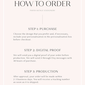 May include: A light pink informational graphic titled HOW TO ORDER by PAPER AVENUE STATIONERY. It outlines three steps: STEP 1: PURCHASE, choose your design and add personalization; STEP 2: DIGITAL PROOF, sent via Etsy messages; STEP 3: PRODUCTION.