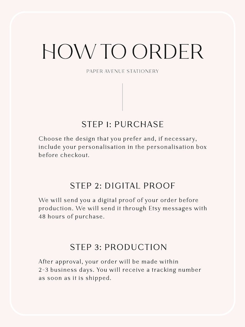 May include: A light pink informational graphic titled HOW TO ORDER by PAPER AVENUE STATIONERY. It outlines three steps: STEP 1: PURCHASE, choose your design and add personalization; STEP 2: DIGITAL PROOF, sent via Etsy messages; STEP 3: PRODUCTION.