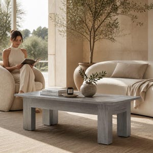 Peut inclure: Une table basse rectangulaire en bois gris clair avec des pieds épais. Sur le plateau sont posés deux livres blancs empilés, une petite bougie noire dans un pot en verre et un vase en céramique ronde contenant une branche feuillue verte.