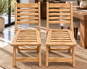 Handmade Solid Teak Wood Folding Chairs – Rustic Farmhouse Dining Seating (Set of 2)