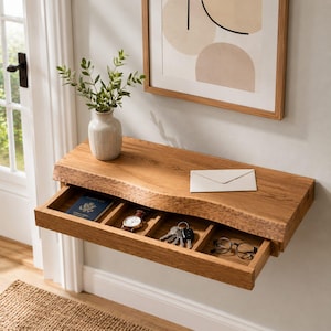 May include: A wall-mounted floating shelf made of light brown wood with a natural live edge. The shelf features a single pull-out drawer divided into four compartments containing a blue passport, a wristwatch, keys, and eyeglasses.