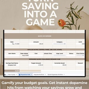 May include: A digital budget tracker spreadsheet titled Turn Saving Into A Game. The interface includes sections for Quick Log Expense, Impulse Buying Control Panel, and Dopamine Saving Challenges with a progress bar showing 32.50% completion.