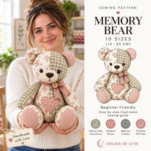 Nähvorlage für einen Erinnerungsbären (PDF), Teddybär-Schnittmuster, Patchwork-Erinnerungsbär, Nähvorlage für Stofftiere, DIY-Teddybär