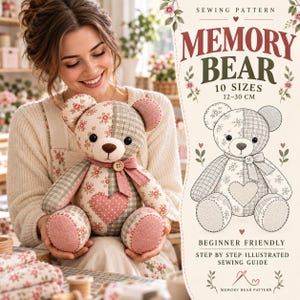 Patrón de costura de oso de peluche en PDF, patrón de oso de peluche, oso de peluche de patchwork, patrón de costura de animal de peluche, oso de peluche DIY