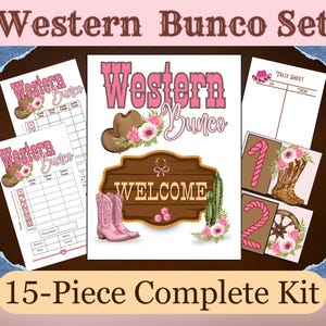 May include: A 15-piece Western Bunco set featuring printed game sheets, tally sheets, and table markers. The designs include pink text, brown cowboy hats, pink cowboy boots, cacti, and floral accents. The central sign displays the text Welcome.