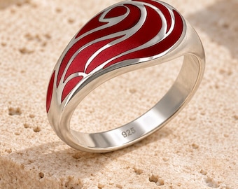 Bague Nerida en corail gorgone rouge et argent 925 - motif vague, bijou fait main, cadeau femme