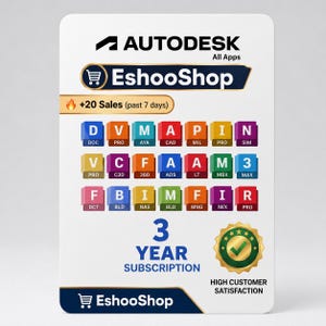 以下が含まれることがあります： EshooShopのAutodesk All Apps 3年サブスクリプション用デジタルカード。白地の長方形カードに、色とりどりのソフトウェアアイコンのグリッド、炎のアイコンと「+20 Sales (past 7 days)」のテキスト、緑のチェックマークが入った金色のシールがデザインされています。