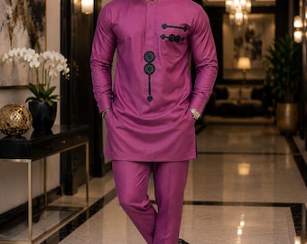 Men’s Magenta African Senator Set | Elegant Embroidered Two‑Piece Outfit | Traditional Wedding & Party Wear