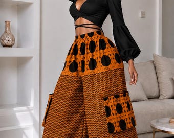 African Orange & Black  Wide‑Leg Palazzo Pants – Handmade Ankara Trousers for Women, Bold Fashion Statement.