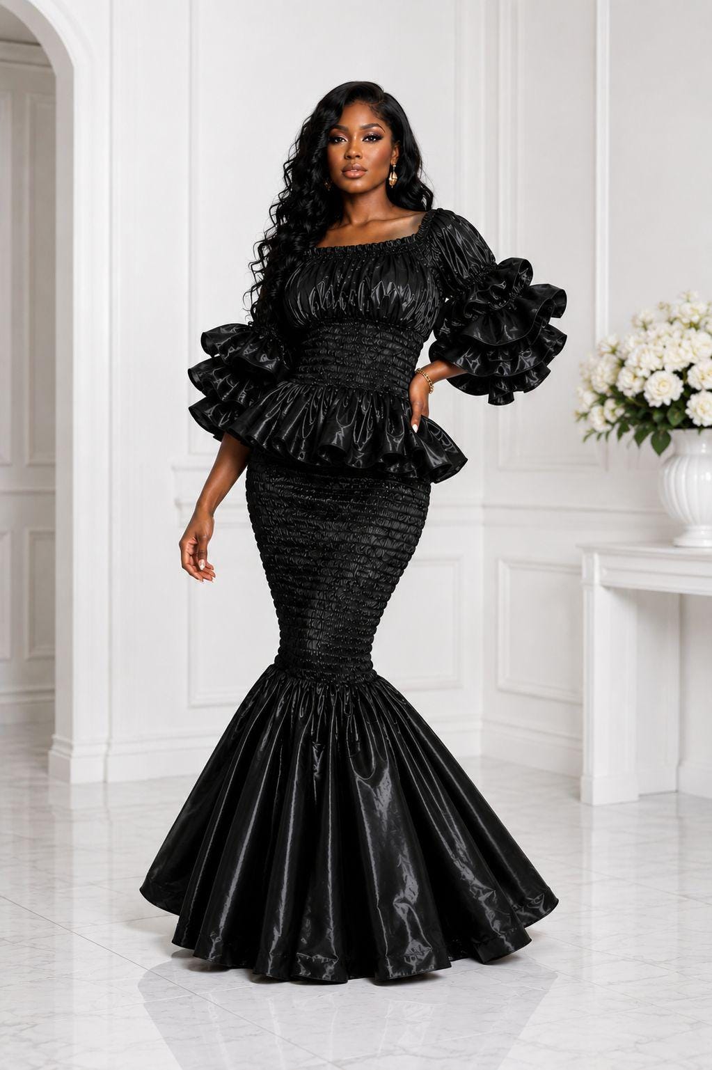 frilly black dress With Ruffles Hidden back zipper/clasp no-returns:2025-11-20T15:00:00_2025-12-04T23:59:59 Black Turtleneck Long Sleeve Size-US:30