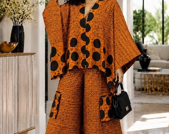 Bold African Print Kimono Top  Wide‑Leg Pants Set – Orange & Black Ankara Outfit for Women, Elegant  Evening Wear