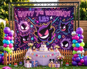 Custom Neon Gengar Ghost Birthday Backdrop, Personalized Gamer Party Banner (Digital Download)