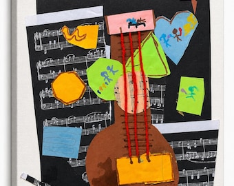 Kids Guitar Collage Canvas Print | 6x8 Inch Canvas Wall Art | Handmade by a 6-Year-Old | Cinco de Mayo Inspired | Matisse & Picasso