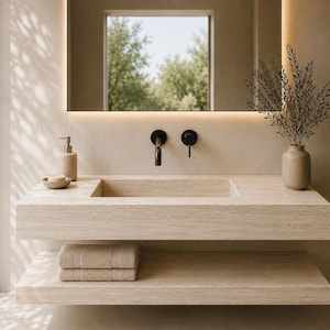 Handmade Travertine Floating Sink Vanity, Light Stone Wash Basin with Shelf
