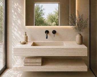 Mueble de baño flotante de travertino hecho a mano, lavabo de piedra beige con estante.