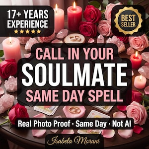 Könnte beinhalten: Eine Ansammlung von rosa und roten Kerzen, roten und rosa Rosen, klaren Kristallen und zwei goldenen Ringen auf einem Tisch. Der Text lautet: 17+ YEARS EXPERIENCE, BEST SELLER, CALL IN YOUR SOULMATE SAME DAY SPELL, Real Photo Proof - Same Day - Not AI, Isabela Morani.