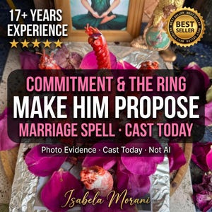 May include: Several red spiral candles surrounded by scattered pink and purple flower petals on a silver foil base. Text overlay reads: COMMITMENT & THE RING MAKE HIM PROPOSE MARRIAGE SPELL - CAST TODAY. Includes 17+ YEARS EXPERIENCE and BEST SELLER.