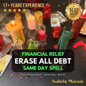 Puede incluir: Una colección de velas de diversas formas y colores, incluyendo amarillo, rojo, rosa y verde, dispuestas sobre una superficie oscura con cartas de tarot. Los textos incluyen 17+ YEARS EXPERIENCE, BEST SELLER y FINANCIAL RELIEF ERASE ALL DEBT SAME DAY SPELL.