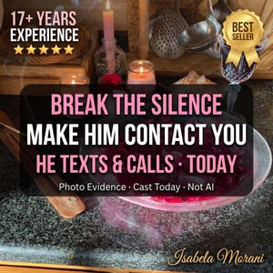 Könnte beinhalten: Eine Glasschale gefüllt mit roten Rosenblättern, umgeben von zwei brennenden Kerzen in Glashaltern, einer hohen rosa Kerze und einem Kristallkelch. Das Bild enthält den Text: BREAK THE SILENCE, MAKE HIM CONTACT YOU, HE TEXTS & CALLS · TODAY.