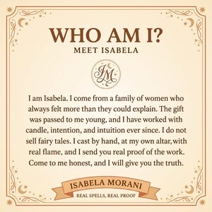 a quote from Isabela Morani about her gift of working with candles, intentions, and real proof of the work she does. The quote is framed within an ornate border and includes a small logo at the top. The overall layout and content of the image are minimalistic and straightforward, focusing on the message rather than elaborate details.