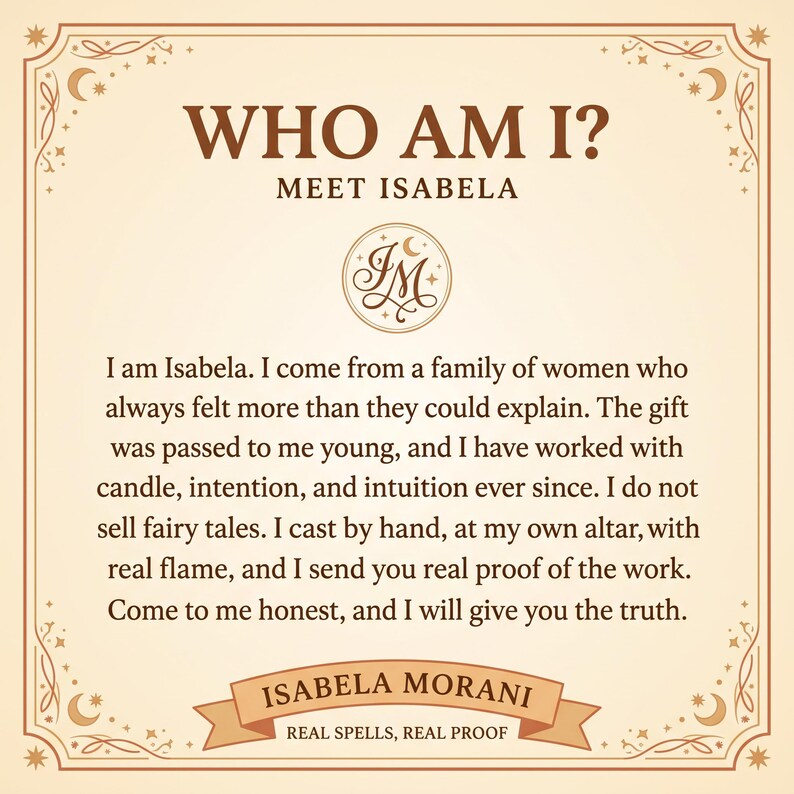 a quote from Isabela Morani about her gift of working with candles, intentions, and real proof of the work she does. The quote is framed within an ornate border and includes a small logo at the top. The overall layout and content of the image are minimalistic and straightforward, focusing on the message rather than elaborate details.