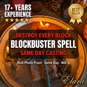 Puede incluir: Una bandeja redonda de metal plateado con varias velas encendidas, hojas secas y una pequeña bolsa de tela. El texto en la imagen dice: 17+ YEARS EXPERIENCE, BEST SELLER, DESTROY EVERY BLOCK, BLOCKBUSTER SPELL, SAME DAY CASTING, Real Photo Proof, Same Day, Not AI, Elara.