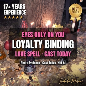 May include: A ritual display featuring red apples, grapes, and lit candles arranged on a bed of dry leaves. Text overlays include 17+ YEARS EXPERIENCE, BEST SELLER, EYES ONLY ON YOU LOYALTY BINDING LOVE SPELL - CAST TODAY, Photo Evidence, and Isabela Morani.