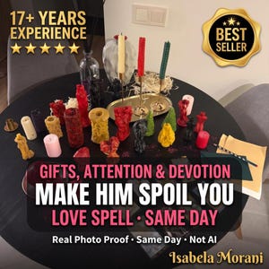May include: A collection of various shaped and colored candles, including red, yellow, pink, and black wax figures, arranged on a round black table. The image features text overlays including 17+ YEARS EXPERIENCE, BEST SELLER, and GIFTS, ATTENTION & DEVOTION MAKE HIM SPOIL YOU LOVE SPELL • SAME DAY.