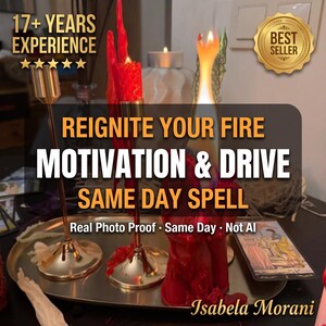 Op de afbeelding: Twee rode kaarsen in goudkleurige metalen houders op een zilveren dienblad. Eén kaars brandt met een heldere vlam. De tekst luidt: 17+ YEARS EXPERIENCE, BEST SELLER, REIGNITE YOUR FIRE MOTIVATION & DRIVE SAME DAY SPELL, Real Photo Proof - Same Day - Not AI, Isabela Morani.