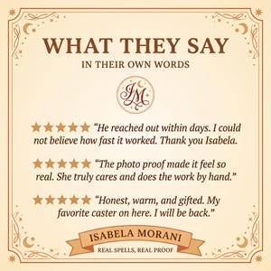 text and stars arranged in a decorative border, with the text "WHAT THEY SAY IN THEIR OWN WORDS" at the top. Below the text, there are three star-rated reviews written by someone named Isabela Morani. The reviews express appreciation for the work, stating that the photographer reached out within days, the photo made it feel real, and the photographer is honest, warm, and gifted. The text also mentions that the photographer is a real speller and real proof.