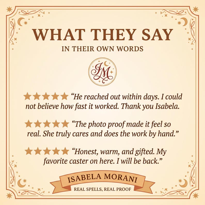 text and stars arranged in a decorative border, with the text "WHAT THEY SAY IN THEIR OWN WORDS" at the top. Below the text, there are three star-rated reviews written by someone named Isabela Morani. The reviews express appreciation for the work, stating that the photographer reached out within days, the photo made it feel real, and the photographer is honest, warm, and gifted. The text also mentions that the photographer is a real speller and real proof.
