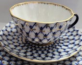 22K Gold Cobalt Net Tea Set Russian Imperial Lomonosov Porcelain Teacup Dessert Plate